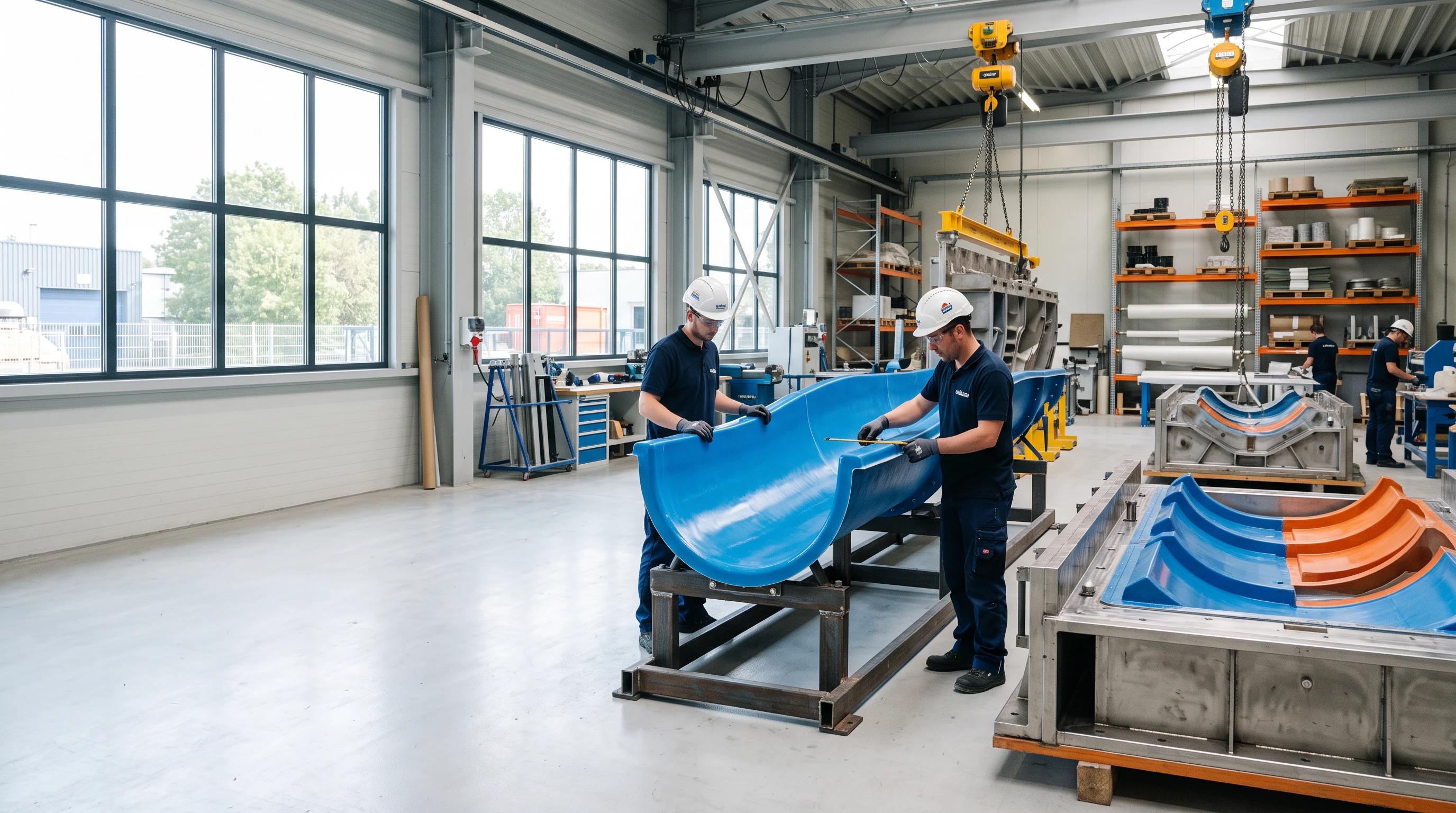 Technicians inspecting molded water-slide sections in a manufacturing workshop
