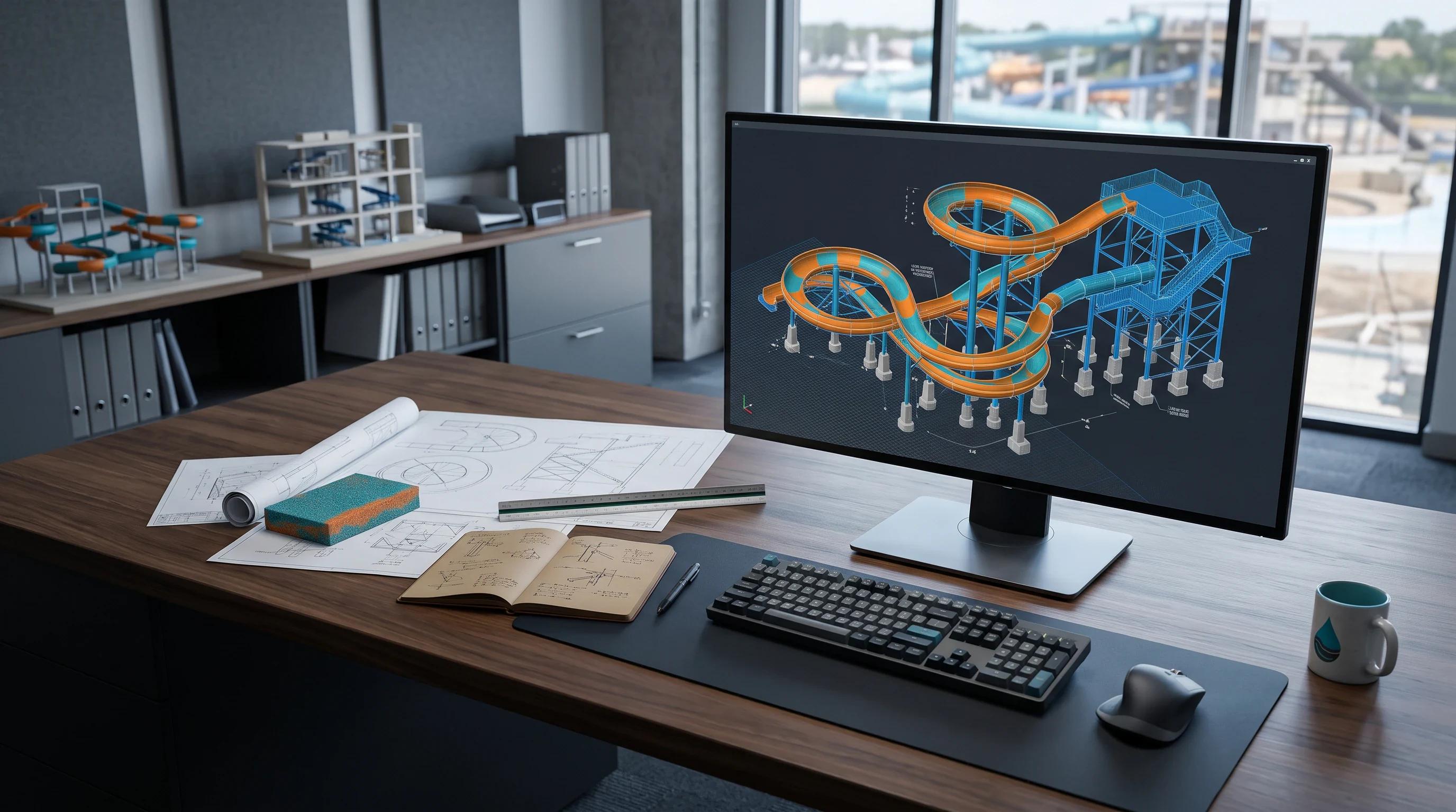 Water-slide design in 3D modeling software on an engineering workstation