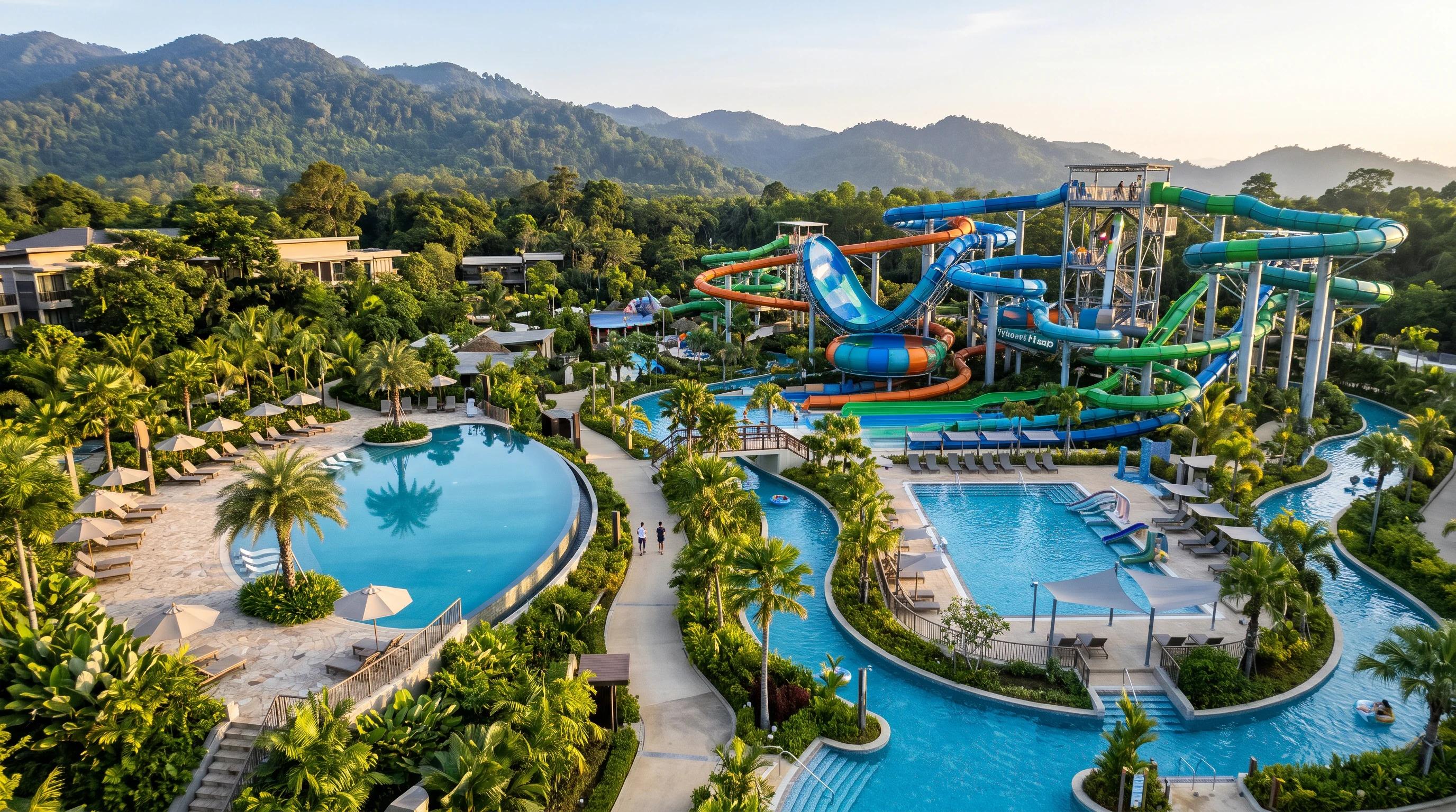 Aerial concept visualization of a destination water park with slides and a lazy river