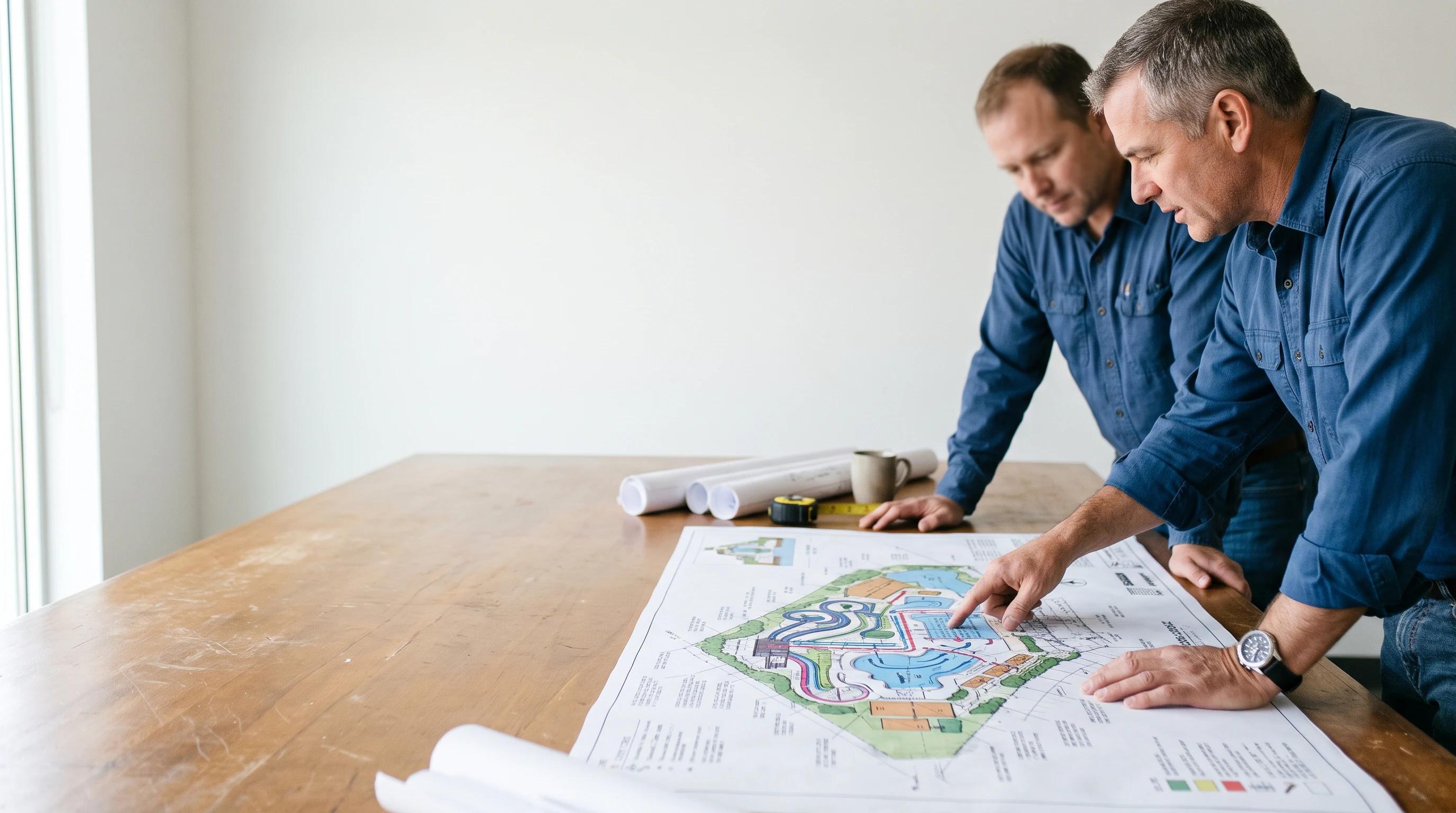 Engineers reviewing a water-park site plan together