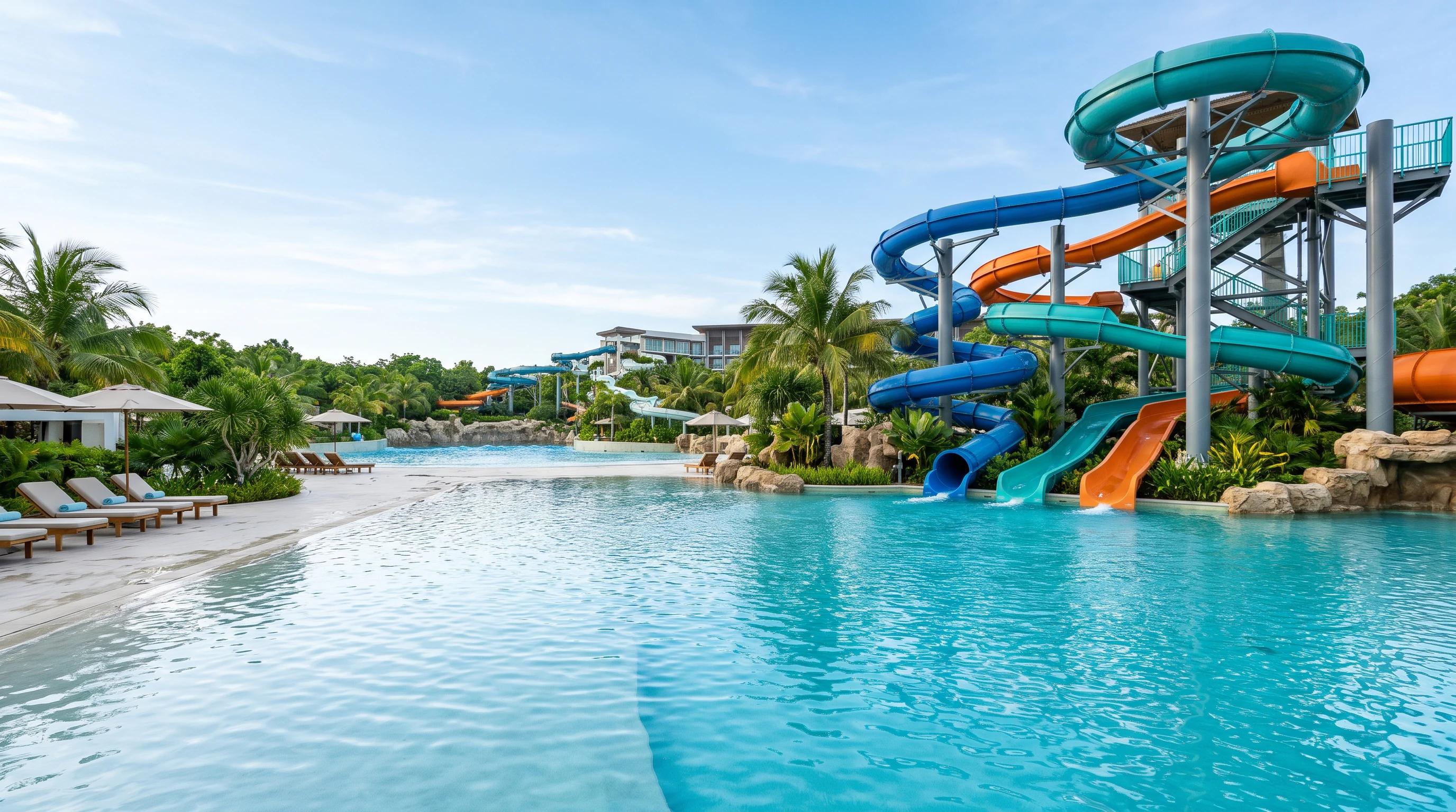 Concept visualization of a tropical water park with a winding water slide tower