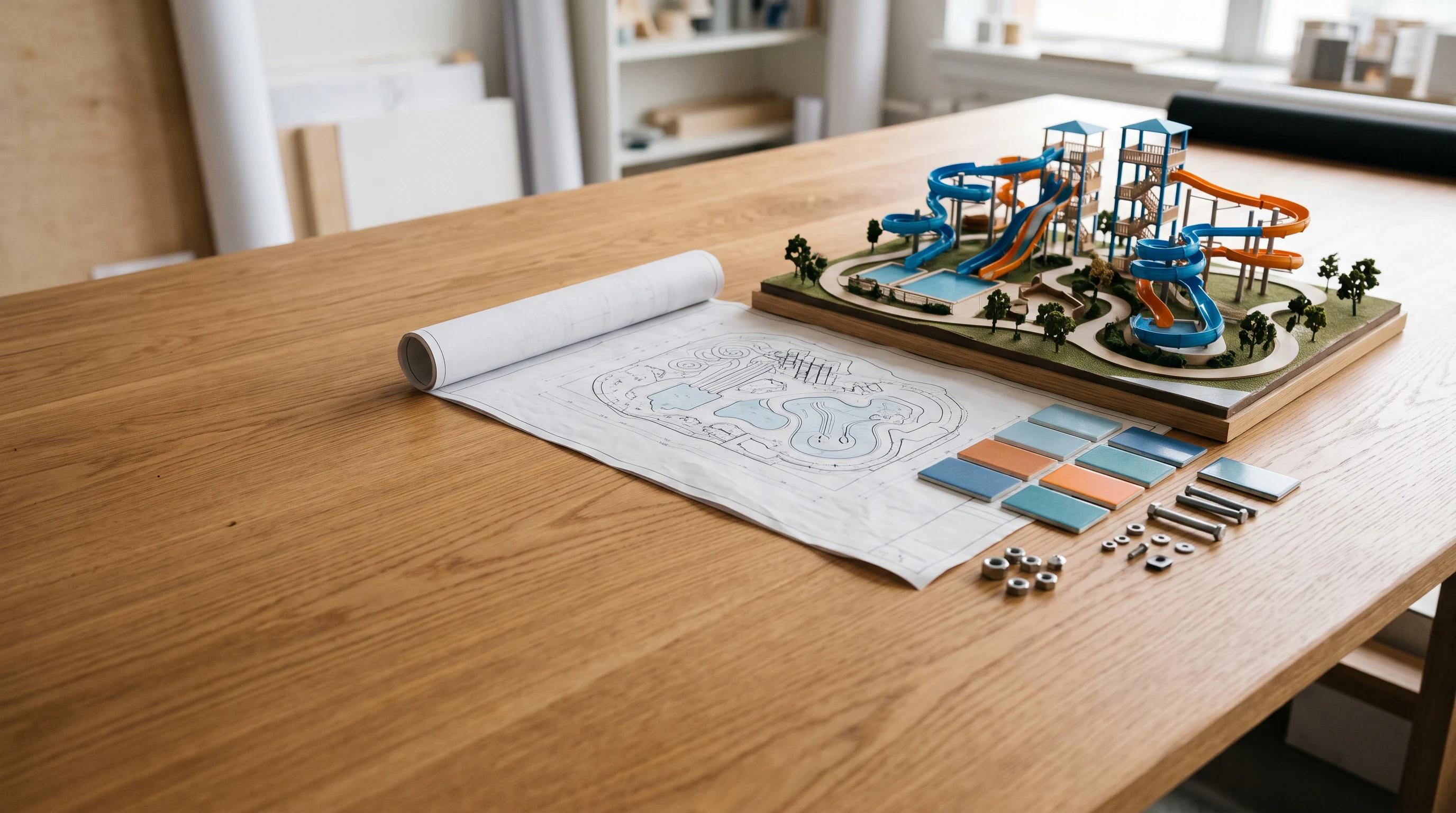 Water-park planning table with site drawings, material samples, and a scale model