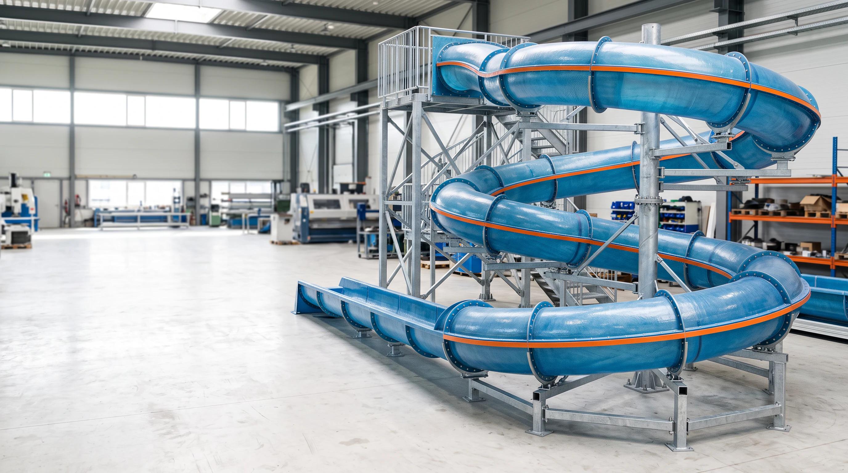 Modular fiberglass water-slide system in an equipment workshop