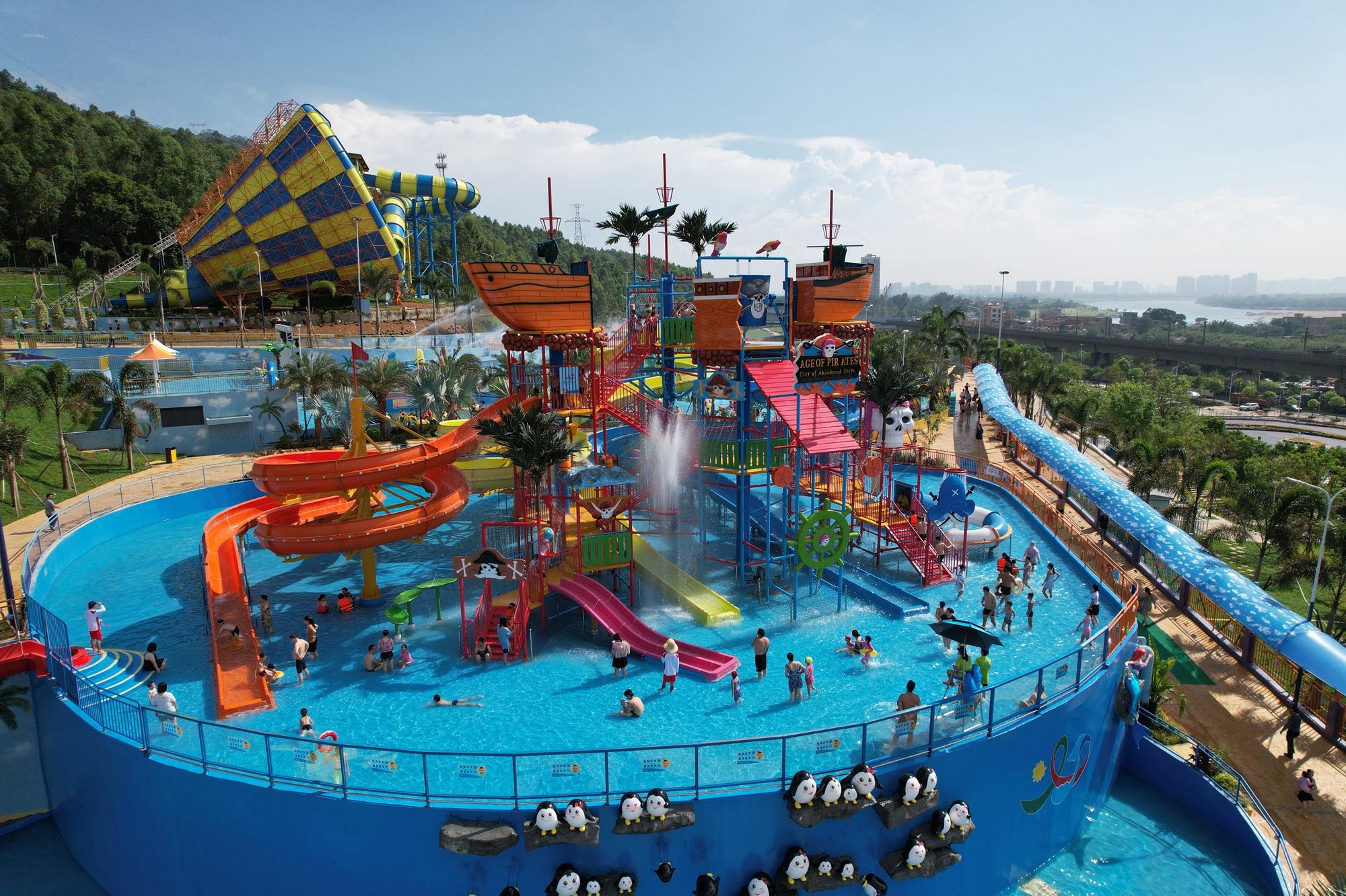 Completed water park project with colorful slides